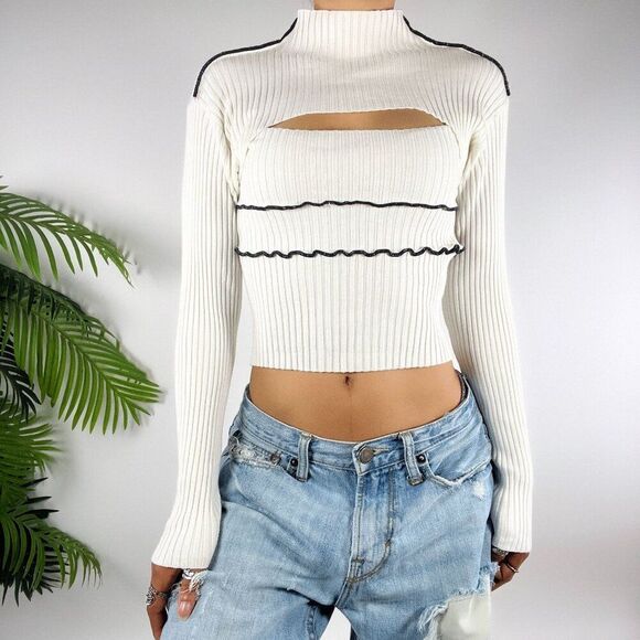 Vintage Y2K White Classy Coquette Mock Neck Ribbed Long Sleeve Top / S - Picture 4 of 7